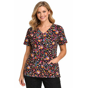 Scrub Top Womens 1X Divine Curves Stretch All Over Print Paisley Pockets